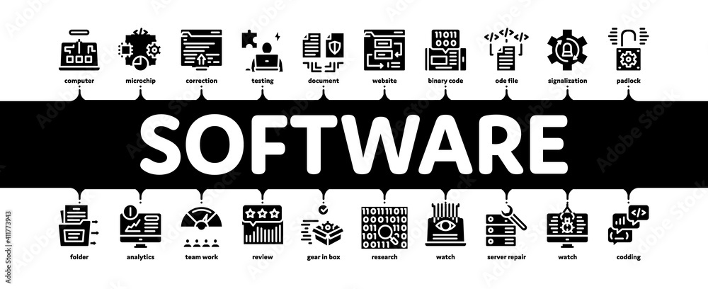 Aufkleber software testing and analysis minimal infographic web banner vector. computer software, code and pro