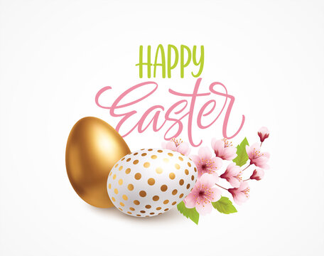 Happy easter greeting background with realistic easter eggs and spring flowers. Vector illustration