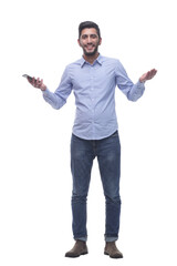 friendly man with a smartphone looking at you .