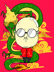 Funny cartoon of bald man with dragon  for Chinese new year
