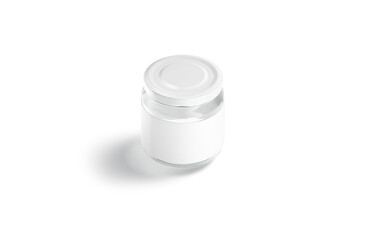 Blank small glass jar with white label mockup stand, isolated