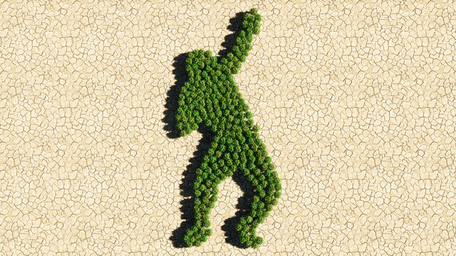 Concept Or Conceptual Group Of Green Forest Tree On Dry Ground Background, Sign Of A Weight Throwing Athlete. A 3d Illustration Metaphor For Training, Competition, Sport, Power And Strenght