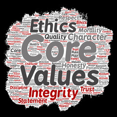 Vector conceptual core values integrity ethics paint brush paper concept word cloud isolated background. Collage of honesty quality trust, statement, character, perseverance, respect and trustworthy