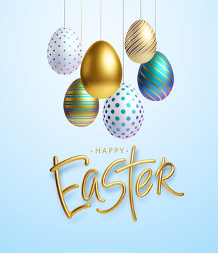 Easter greeting background with realistic golden, blue, white Easter eggs. Vector illustration