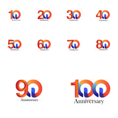 set 10, 20, 30, 40, 50, 60, 70, 80, 90, 100 Year Anniversary Vector Template Design Illustration