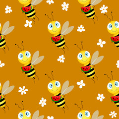 Seamless pattern with bees and flowers on brown background. Vector illustration. Adorable cartoon character. Template design for invitation, cards, textile, fabric. Doodle style.