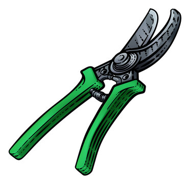 recommend clip art: Secateurs garden pruner gardening tool illustration in a vintage retro woodcut style