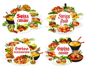 Swiss cuisine round frames vector cheese pie, ragu salmi, grizon lamb. Busseco soup, raclette with potatoes, sable breton cookies, dumplings from the canton of Jura, alpine lamb loin Switzerland food