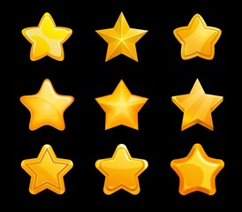 Gold stars of game ranking, vector set of user interface, ui, gui rate. Cartoon golden star, rating medal or winner award, achievement bonus and level complete trophy with shiny ribs isolated objects