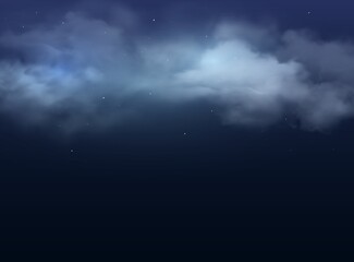Fototapeta na wymiar Night sky with clouds and stars realistic vector background. 3d dark blue midnight heaven with foggy cold air, starlights and glowing comets of milky way constellations, space, astronomy, magic themes