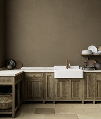 Brown kitchen interior with sink, furniture, dishes and decor. 3d render illustration mock up.