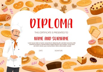 Baker, bakery or pastry shop diploma template. Restaurant chef or confectionery cook in toque, sweet pastry, wheat and rye bread muffins and cakes vector. Baker professional achievement certificate