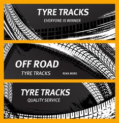 Tire prints, car tyre tracks with grunge stained vector marks and spots. Transportation dirty wheels trace, auto service or bike race, vehicle monochrome pattern, graphic textured design banners set © Vector Tradition