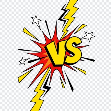 Comic VS or Versus vector design of comics book battle, superhero fight and sport game competition. VS letters isolated on transparent background with pop art boom bubble, bomb explosion, lightnings