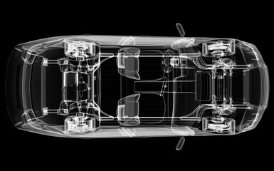 Fototapeta na wymiar X-ray of electric car with chassis. 3D illustration