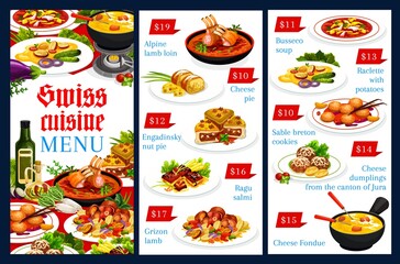 Swiss cuisine menu vector template alpine lamb loin, cheese pie, engadinsky nut pie. Ragu salmi, grizon lamb, busseco soup, raclette with potatoes, sable breton cookies, cheese fondue Switzerland food