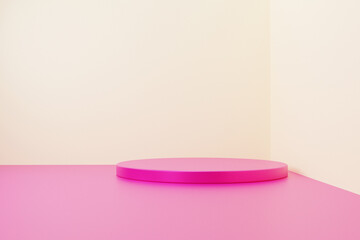 3d rendering abstract Empty podium Corner the room on cream color background with circular Purple podium for product minimal presentation. cosmetics stand, sale, copy space