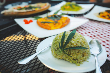 rice a mixture ofcannabis leaves, developed for health lovers in a new, licensed and legal form. Guaranteed safety, help relieve anxiety, reduce sadness. Concept Cannabis for health.