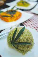 rice a mixture ofcannabis leaves, developed for health lovers in a new, licensed and legal form. Guaranteed safety, help relieve anxiety, reduce sadness. Concept Cannabis for health.