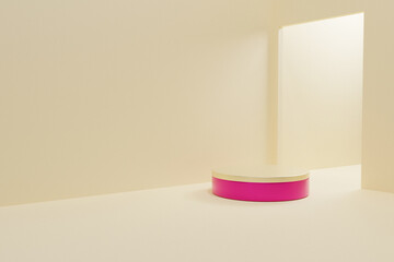 Abstract Empty podium Corner door on cream color background with circular gold podium for product minimal presentation. cosmetics stand, sale, copy space, 3d rendering
