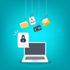 Hacker notification. Hacker with laptop computer stealing confidential data, personal information and credit card detail. Hacking concept.