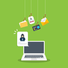 Hacker notification. Hacker with laptop computer stealing confidential data, personal information and credit card detail. Hacking concept.