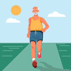 An elderly man is engaged in running.