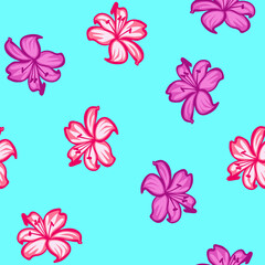 Bright summer floral seamless pattern design, pink lily on blue background for web and print.