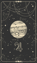 Planet Jupiter, linear hand drawing on a black space card with stars. Symbol for astrology, signs of the zodiac, divination, natal chart. Vector magical illustration © Salomi art