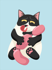 Happy cartoon cat with sausages isolated vector illustration