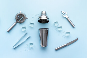 Bar tools and utensils for cocktail - with shaker, strainer and ice