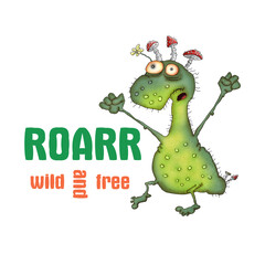The funny green forest monster is wild and free. illustration for print.