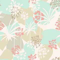 Vector organic seamless abstract background, botanical motif with stylized leaves, flowers and simple geometric shapes. Freehand doodles pattern.