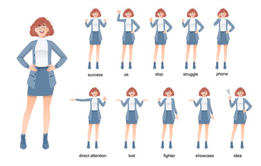Obraz premium Business Woman character in various poses set.vector.