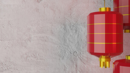 The red Chinese lantern on cement wall for Chinese content 3d rendering.