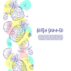 Summer banner or poster template with pineapple in hand drawn doodle style, vector illustration on white background. Creative card backdrop with exotic summer fruits and colorful abstract shapes.