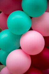 Baloons background. Pink, green, red color baloon decoration - 411785507