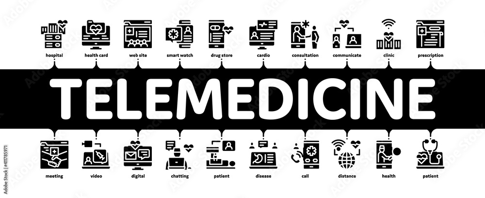 Sticker Telemedicine Treatment Minimal Infographic Web Banner Vector. Patient Online Medical Exam And Telemedicine, Internet Video Call With Doctor And Diagnostic Black Illustration