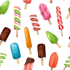 Watercolor seamless pattern fruit icecream a cone. Hand painted sweet summer dessert. Ice cream seamless background