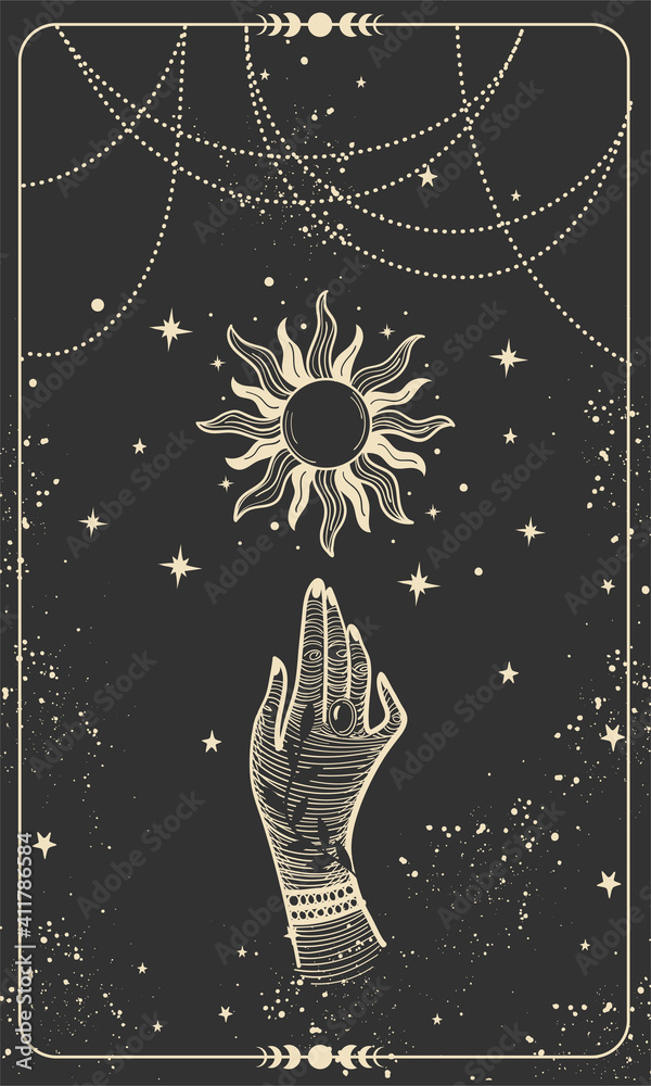 Wall mural Tarot card with hand and sun. Magical boho design with stars, engraving stylization, witch cover in vintage design. Golden mystical hand drawing on black background