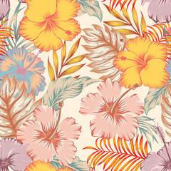 Exotic vector seamless fashionable hand drawing hibiscus flowers with palm tree leaves on light yellow background. Tropical summer pattern modern wallpaper - obrazy, fototapety, plakaty