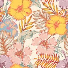 Exotic vector seamless fashionable hand drawing hibiscus flowers with palm tree leaves on light yellow background. Tropical summer pattern modern wallpaper