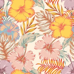 Exotic vector seamless fashionable hand drawing hibiscus flowers with palm tree leaves on light yellow background. Tropical summer pattern modern wallpaper © berry2046