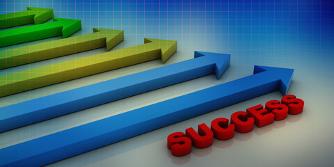 Rising arrow with success text . 3D illustration