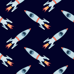 Seamless watercolor pattern with rockets on a dark blue background. Space for boys. Children's design.
