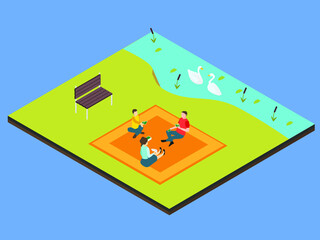 Family plays card on park isometric 3d vector concept for banner, website, illustration, landing page, flyer, etc.