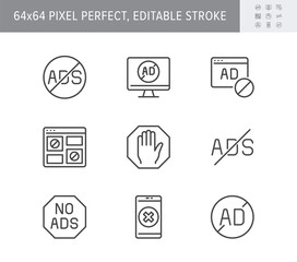 ADS block line icons. Vector illustration with minimal icon - website adblock, anti spam digital shield, banner prohibition software pictogram. 64x64 Pixel Perfect Editable Stroke