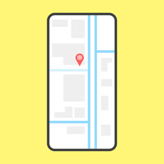 Mobile app page layout GPS Navigation. Lite detailed smartphone with city map, checkpoint and taxi route. Vector on a yellow background