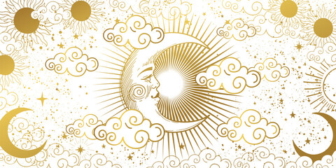 Heavenly card for astrology, tarot, boho design. Golden crescent moon in the sky with clouds, moon and sun on a white background. Esoteric vector illustration of witchcraft, pattern