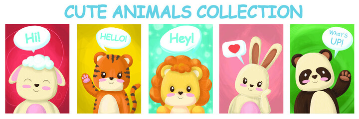 Hand-drawn cards with cute animals, with text for stickers, emoji. Hare, tirg, mouse, panda, sheep, lion. Vector illustration